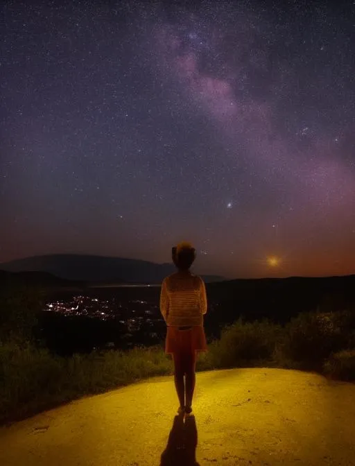 Prompt: Watcher of the night stands on a hill looking at village with stars shining bright in the sky 