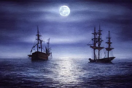 Prompt: Realistic Ghost ship on horizon twilight full moon