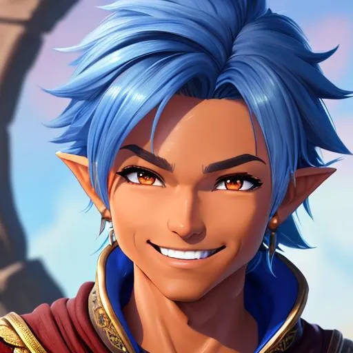 Prompt: oil painting, D&D fantasy, tanned-skinned-gnome man, tanned-skinned-male, short, short bright brown and blue hair, ponytail hair, smiling, pointed ears, looking at the viewer, Wizard wearing intricate wizard outfit, #3238, UHD, hd , 8k eyes, detailed face, big anime dreamy eyes, 8k eyes, intricate details, insanely detailed, masterpiece, cinematic lighting, 8k, complementary colors, golden ratio, octane render, volumetric lighting, unreal 5, artwork, concept art, cover, top model, light on hair colorful glamourous hyperdetailed medieval city background, intricate hyperdetailed breathtaking colorful glamorous scenic view landscape, ultra-fine details, hyper-focused, deep colors, dramatic lighting, ambient lighting god rays, flowers, garden | by sakimi chan, artgerm, wlop, pixiv, tumblr, instagram, deviantart