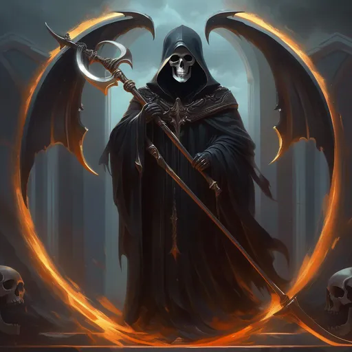 Prompt: Heraldry, god of death, grim reaper, scythe, Greg Rutkowski, full hd, high quality, 4k, trending on artstation, oil painting, symmetrical, fantasy