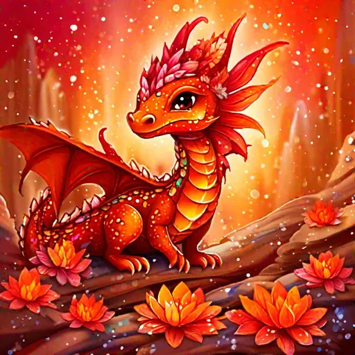 Prompt: (in dripping art style) dragon faerie, rust colors, glowing scales, big emotional eyes, ruby-diamond glimmer, light rays, radiant, desert background, flowers, best quality, masterpiece 