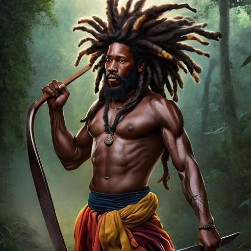 Prompt: Award winning hyper realistic cinematic 8k full body painting of a muscular  Rastafarian holding a Machete 