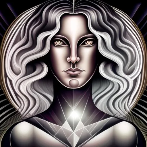 Prompt:  Geometric background backlit in the style of Alex Grey,  In the foreground is a beautiful woman, in the style of Botticelli, Gray hair with blood stains, Gray-colored eyes, haunting look, sharp teeth, art deco style, 