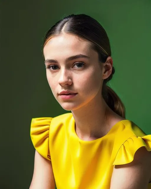 Prompt: ((Hyperdetailed)), ((Ultrarealistic)), Portrait of a Female, 1girl, Fashion Portrait, Nordic, Medium Close-Up Shot, Peplum Top in Yellow, Sitting Pose, Soft Lighting, Abstract Background, Soft Shadows, Canon EOS R5 Camera, Perfect Symmetry, Inspired by Annie Leibovitz, Octane Render, 3D Modeling, Ray Tracing, Volumetric Shadows, Trending on Artstation.