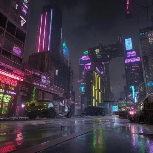 neon colored war torn Dystopian city set in a cybe... | OpenArt