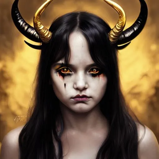 Prompt: Portrait of demon girl with glossy black hair and golden-glowing horns protruding from forehead, and with cute face, the aftermath of a war between angels and demons in the background, perfect composition, hyperrealistic, super detailed, 8k, high quality, trending art, trending on artstation, sharp focus, studio photo, intricate details, highly detailed
