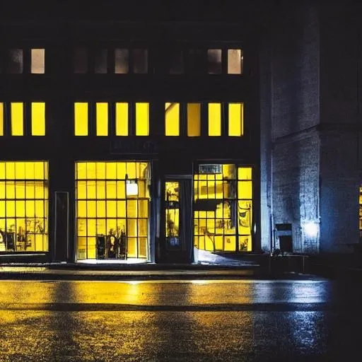 Prompt: a building with windows. The streets are lit with a yellow light. It is the night, the windows are all black.