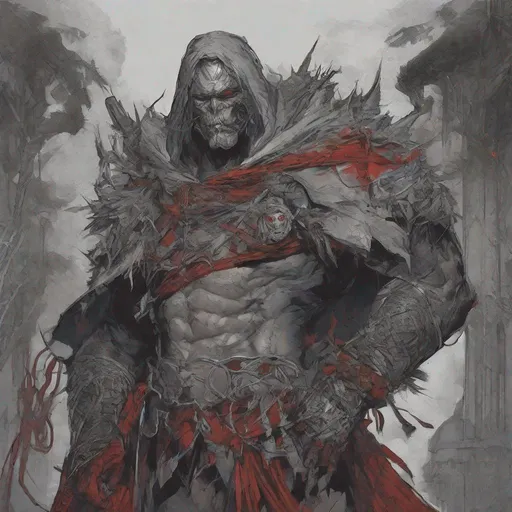 Prompt: Tall, Intimidating, Large, male, Solomon Grundy/goliath D&D build, black hair,  very dark grey scarred skin, covered in bandages, dark tattered cloth armor exposes his midriff, hood of magical darkness that completely shrouds his face with a mask of darkness, large red gem between pecs in chest, Path of the Zealot Barbarian, Strong, wielding large two-handed great-axe, Fantasy setting, D&D, Dead clerics around him, undead, zombie