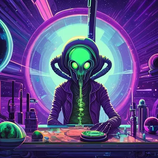 Prompt: widescreen, photo, painting, longshot, infinity vanishing point, overhead lighting, alien smoking a crystal bong,  fancy table , in an exotic space cantina, stunning galaxy background