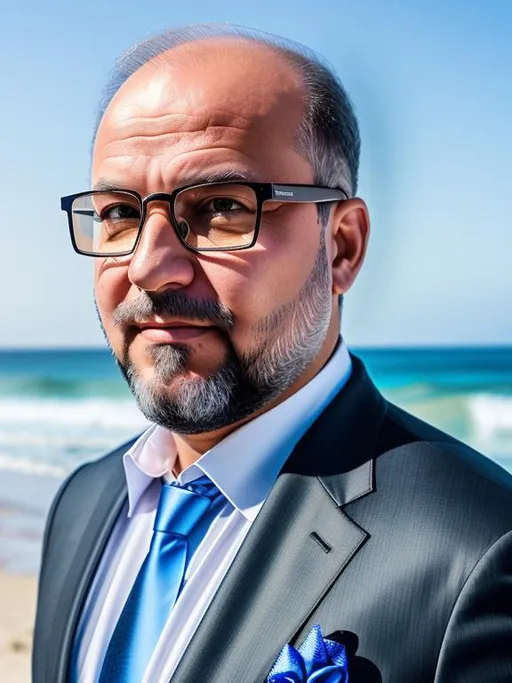 Prompt: photograph, Ukraine, 16k, attractive, elegant, confident, optimistic, sad, balding middle aged guy with a full beard and glasses cyberpunk, perfect look, highly detailed modern suit, fine skin details, sharp focus, intricate details, highly detailed beach