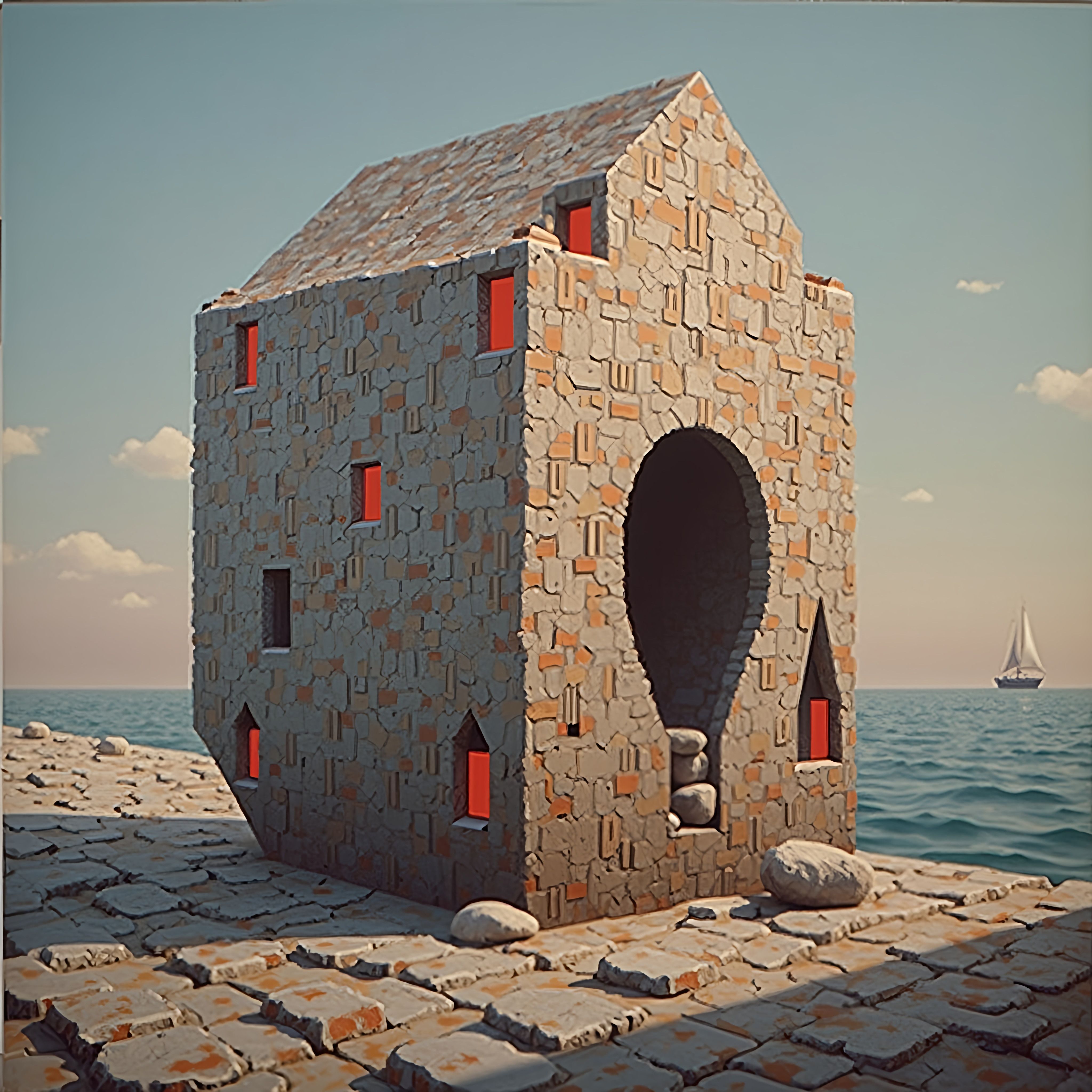 Prompt: a painting of a house made of bricks and a sailboat in the distance,  surrealism, surrealistic, a surrealist painting