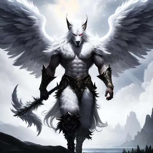 Prompt: Oil painting, landscape, UHD, 8K, highly detailed, panned out view of the character, visible full body, ethereal, unnatural grey-skinned menacing white angel wings, face of a werewolf, with sparkling feathersin battle stance resembling the Druid from. He has big claws that uses to attack