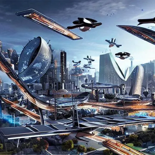 Prompt: A futuristic populated city with flying cars. 