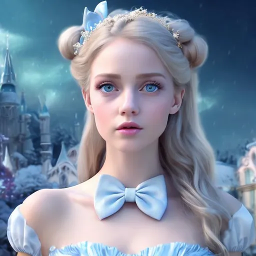 Prompt: 4k 3D professional modeling photo live action human woman hd hyper realistic beautiful english woman blonde hair fair skin blue eyes beautiful face blue and white dress black bow headband enchanting mystical wonderland landscape hd background with live action magic full body in wonderland