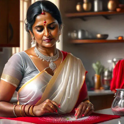 Prompt: A hyperREALISTIC, 4k HD, extremely detailed picture of curvy mature hindu woman working on kitchen counter wearing transparent white saree messed up, red blouse, sweaty, mangalsutra trapped iin deep cleavage visible, big bindi, canon 501 D