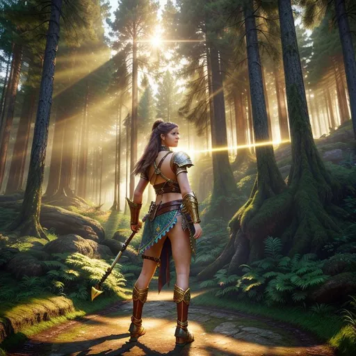 Prompt: {wide angle} {long shot} {center shot} 3D, HD, Fantasy, Mystical, Dreamy, ({Middle-aged}female as Barbarian) {facing camera}, Expansive Magical Forest background, ultra-detailed, backlit, shadows, ultra-sharp focus, detail, ominous, symmetrical, golden ratio, intricate, cinematic character render, unreal engine 5, 64K --s98500