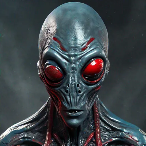 Prompt: Detailde face, body portrait, ultra realistic,a Alien with the body of a humanoid alien, who has grayish-blue skin and a shiny texture, the skin has a tentacle-like red design, which extends from the forehead to the chin. The eyes are large and black, the eyes are large and black. The nose is small and pointed, and the mouth is wide and thin,  two holes on the sides of his head The body is slender and muscular, with a ribcage-like structure on the chest. The arms and legs are long and thin, with three fingers and three claws on each hand and foot.