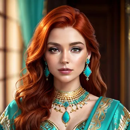 Prompt: Beautiful ethereal woman with auburn hair. wearing turquoise and gold jewelry, facial closeup