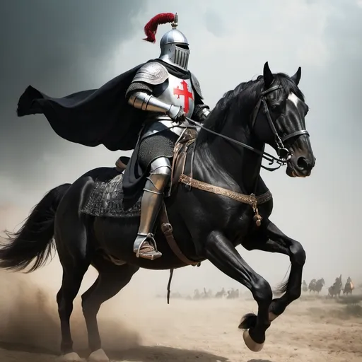 Prompt: A crusader riding a fully black horse
