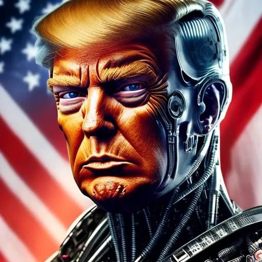 Prompt: cyborg Trump super realistic 8k Ultra HD, enhanced image.