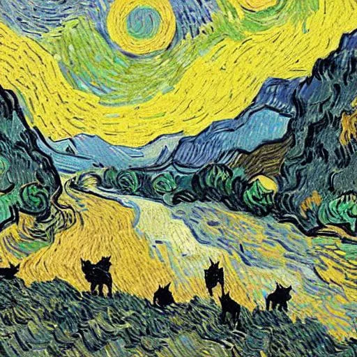 Prompt: A valley with a river and a pack of wolves.
Van Gogh Style 