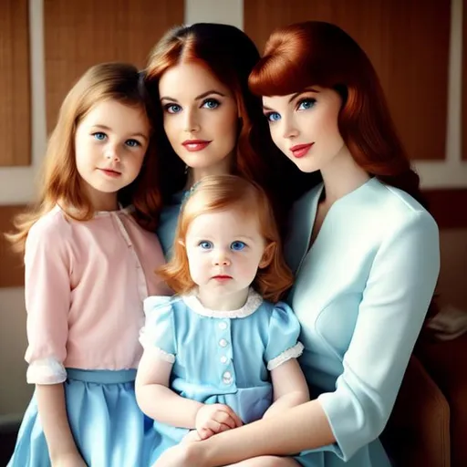 Prompt: A mother have brown hair,pale skin and blue eyes,with his two daughters red hair,1960s aesthetic