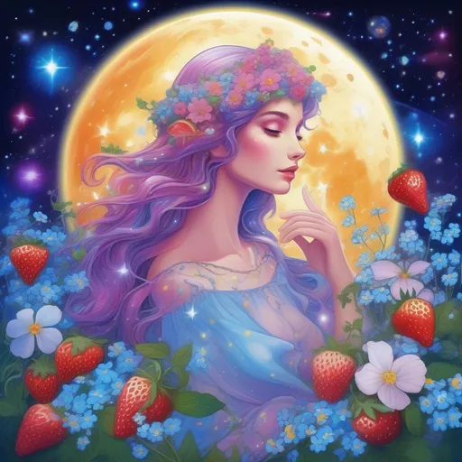 Prompt: A beautiful and colourful picture of Persephone with forget-me-not flowers, Baby's Breath flowers and strawberry plants surrounding her, framed by the moon and constellations in a Lisa Frank art style. 