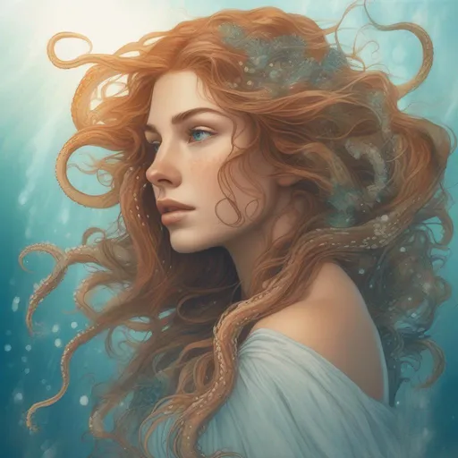 Prompt: A beautiful, enchanting and caucasian Canadian/Irish/French with light freckles woman (a greek goddess of the sea) with magical tentacles for hair in the style of the sea, starfish and seaweed starting confidently profile picture