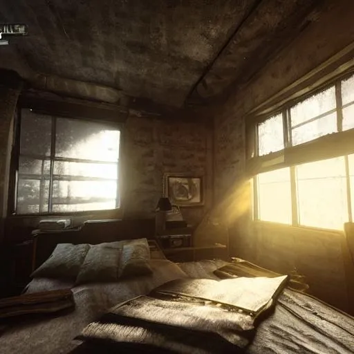 Prompt: Fallout concept art bedroom interior render grim, sun rays coming through window, unreal engine 5