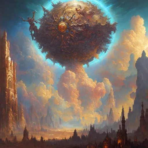 Prompt: Gods descend on earth from the sky, celestial procession, scared locals, landscape, vibrant colours, majestic, beautiful, Maximalist oil on canvas painting, in the style of Paul Gustave Dore, 3D trending on Artstation CryEngine,