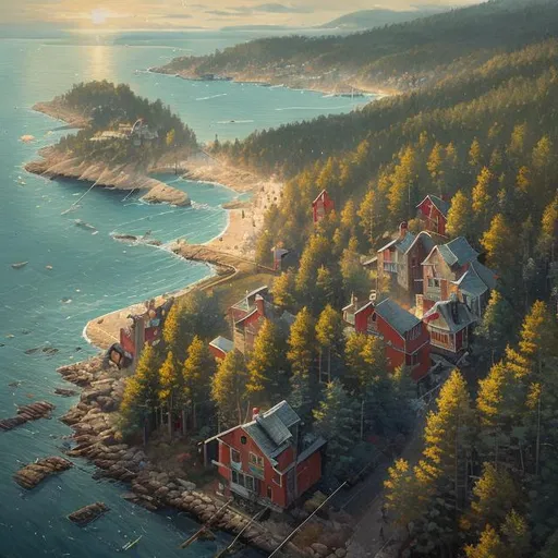 Prompt: bird's eye view of a beautiful painting of a small, sleepy New England fishing town by the sea surrounded by pine forest by greg rutkowski, trending on artstation