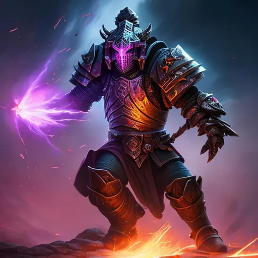 Prompt: Dark Knight with purple light cracking through the helmet dueling another knight with tremendous powers, in a Blackstone fortress