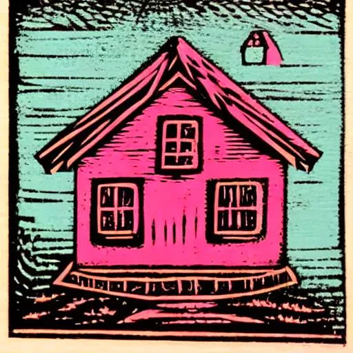 Prompt: Woodcut linocut pink and orange cottage fairytale  home sweet home