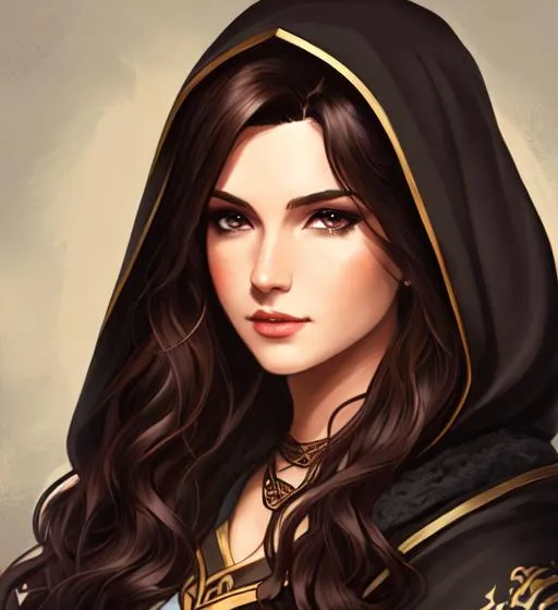 Prompt: dnd, portrait, long wavy dark brown hair, female, Illustration, black hood and robes, scars