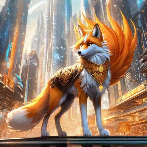 Prompt: (masterpiece, 2D, hyper detailed, epic digital art, professional illustration, fine colored pencil), Adolescent runt ((kitsune)), (canine quadruped), nine-tailed fox, dreamy amber eyes, fuzzy {white-gold} pelt, (golden necklace with brilliant orange gemstone), pointy brown ears, in a large futuristic city, skyscrapers tower above her, the city lights up against twilight, possesses ice, timid, curious, cautious, nervous, alert, expressive bashful gaze, slender, scrawny, fluffy gold mane, {frost} on face, dynamic perspective, frost on fur, fur is frosted, sparkling ice crystals in sky, sparkling ice crystals on fur, sparkling rain falling, frost on leaves, dreamy, melodic, highly detailed character, petite body, large ears, full body focus, perfect composition, trending art, 64K, 3D, illustration, professional, studio quality, UHD, HDR, vibrant colors