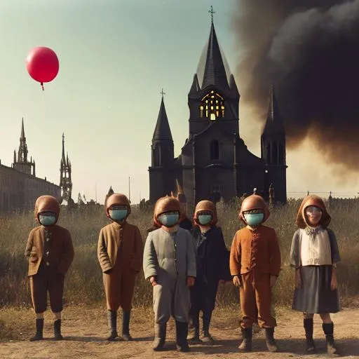 Prompt: victorian photography, group of children, all the children are wearing gaz masks, some are holding balloons, there's a burning church in the background, wes anderson style frame, war photography, HD, highly detailed, heavy grain