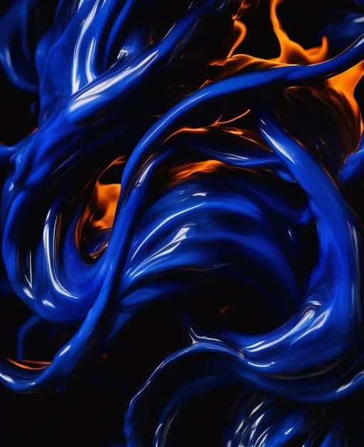 Prompt: An abstract image of cobalt blue paint swirling and melting against a black background, resembling ever-changing flames. Fiery tendrils of blue contort into organic shapes that seem to flicker and dance with motion. Shot with a Canon 5DS R and 100mm macro lens for finely detailed textures. Lit with dramatic side lighting to increase contrast. The mood is energetic and transformative yet highly controlled. In the style of LeRoy Neiman.