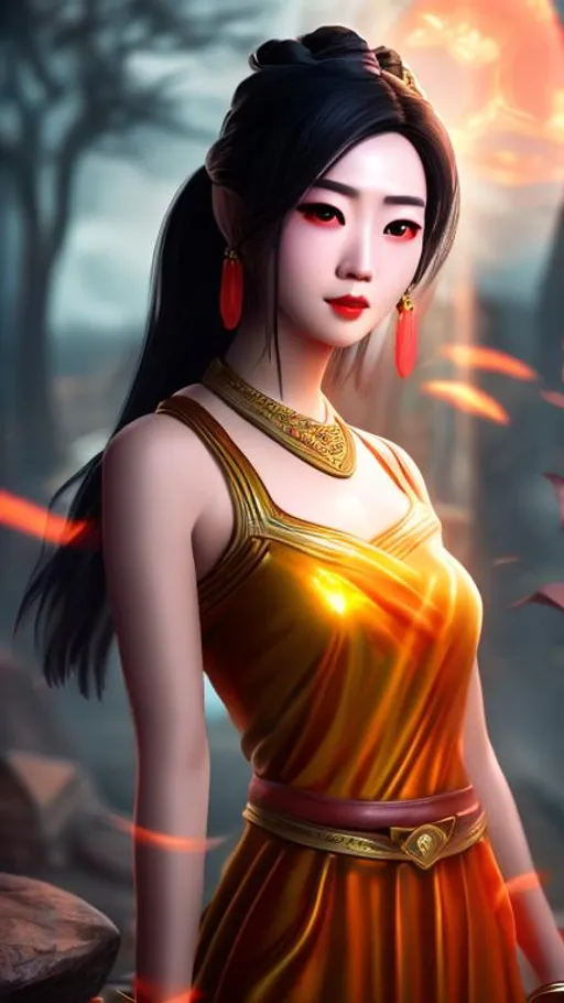 Prompt: Feng Min (dead by daylight), dressed as a godess, 8k, gorgeous, magic aura, facing the horizon