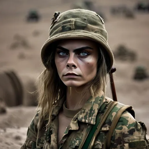 Prompt: cara delevigne, vietnam, soldier, uniform, warrior, armor, tunnel rat, desert camo