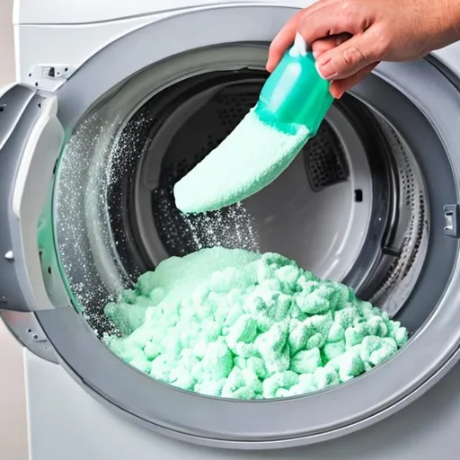 Prompt: hand pouring detergent powder into the drawer of a washing machine