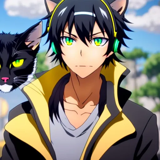 Prompt: Black skin, cat boy, neko, wearing a gray jacket, with yellow eyes, black hair, with red headphones around his neck, anime