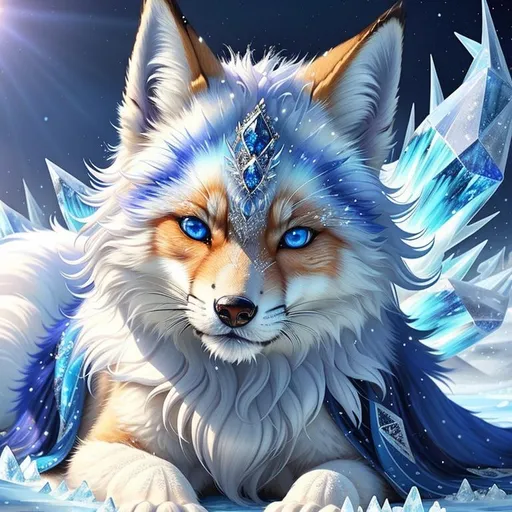Prompt: (masterpiece, professional illustration, epic digital art, best quality:1.5), insanely beautiful female ((fox)), (canine quadruped), adolescent, ice elemental, deep blue pelt covered in frost, bashful hypnotic sapphire blue eyes, gorgeous silver mane covered in snowflakes, (plump), finely detailed fur, hyper detailed fur, (soft silky insanely detailed fur), moonlight beaming through clouds, grassy field covered in frost, cool colors, professional, symmetric, golden ratio, unreal engine, depth, volumetric lighting, rich oil medium, (brilliant auroras), (ice storm), full body focus, beautifully detailed background, cinematic, 64K, UHD, Yuino Chiri, intricate detail, high quality, high detail, masterpiece, intricate facial detail, high quality, detailed face, intricate quality, intricate eye detail, highly detailed, high resolution scan, intricate detailed, highly detailed face, very detailed, high resolution