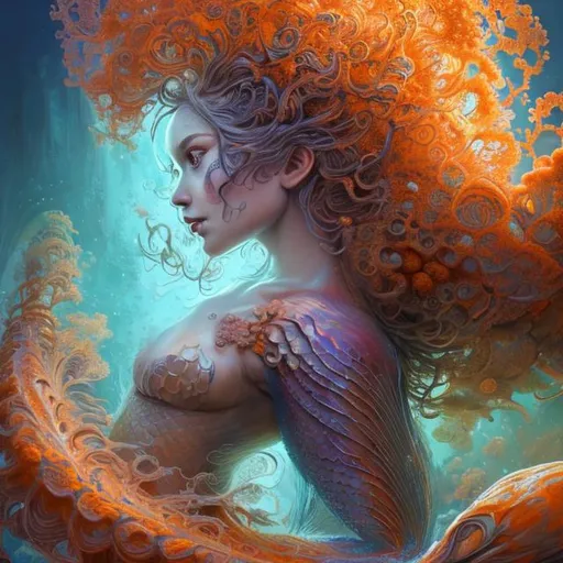 Prompt: {{{{highest quality concept art masterpiece}}}} digital drawing oil painting with {{visible textured brush strokes}}, Beautiful mermaid, photorealistic face, curl long multicolored beaming mandelbrot clusters fractal Hair, digital painting, artstation, illustration, concept art, smooth, sharp focus, {{hyperrealistic intricate perfect orange long hair}} and {{hyperrealistic perfect clear bright green eyes}} soft skin and red blush cheeks and cute smile, epic fantasy, perfect anatomy in perfect composition approaching perfection, hyperrealistic intricate mirrored room in background, cinematic volumetric dramatic dramatic studio 3d glamour lighting, backlit backlight, 128k UHD HDR HD, professional long shot photography, unreal engine octane render trending on artstation, sharp focus, occlusion, centered, symmetry, ultimate, shadows, highlights, contrast