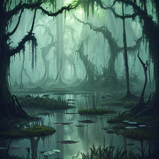 Prompt: beautiful mysterious lush swamp, Fantasy art style, 