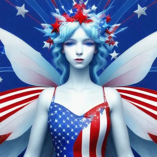 Prompt: fairy goddess of the 4th of July u,s, patriotic, dreamscape, vivid colors of red, fwhite and blue ,closeup