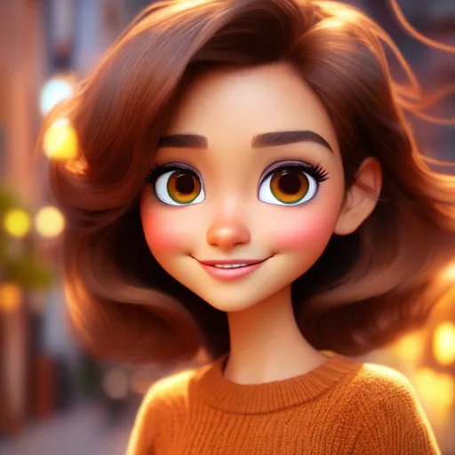 Prompt: Disney, Pixar art style, CGI, Girl with tall thin face, circular eyes, long fiery, wavy,brown messy hair with red tips light tan skin, dark brown eyes