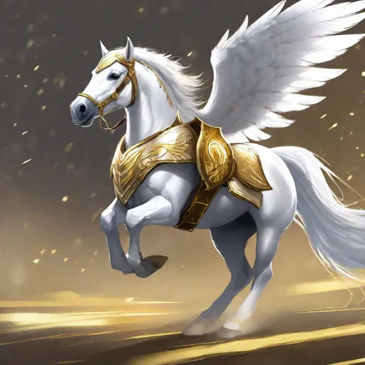 Prompt: Concept art of a white horse with white wings, he wears gold armor and helmet.