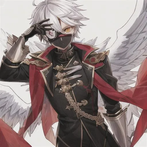 Prompt: Masked male kid of 18 whit a phoenix clothes, amber eyes and white hair, eyepatch

