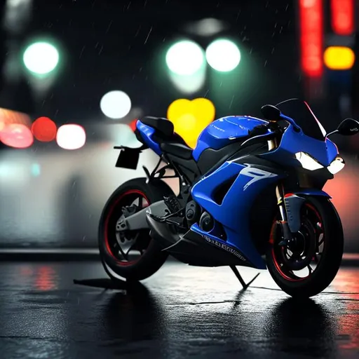 Prompt: photorealistic sportbike rainy night motion blur 
