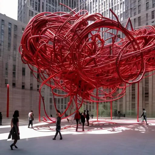 Prompt: huge public art, modern art, in new york, big, red, Rope, Mariyo Yagi, complicated, detailed art with steel, people walking by the art